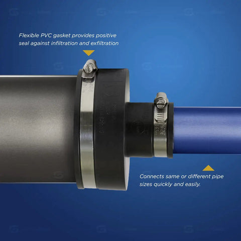 Flexible PVC Reducing Coupling With Stainless Steel Clamps For Four Inch By One And One Half Inch Nominal Pipe DWV Drain Waste And Vent System Indoors Or Outdoors Leak Proof Durable, connecting two pipes