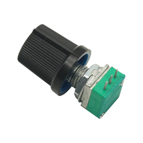 10K Potentiometer Rotary Potentiometer Kit 10 Pieces 3 Pin Linear B Type With Knobs For DIY Audio Guitar Amp Synth Microcontroller Projects and Electronics Upgrades, close-up view with knob attached.