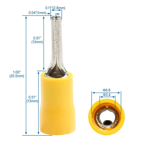 Close-up of Insulated Yellow 0.11 Inch Pin Terminals Quick Disconnect Set, 50 Pack, 12-10 AWG Wire, Tin Plated Copper Crimp Connectors