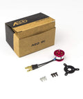 Micro Brushless Outrunner MM1404 2900KV With ESC Power Combo and accessories next to AEO RC box.