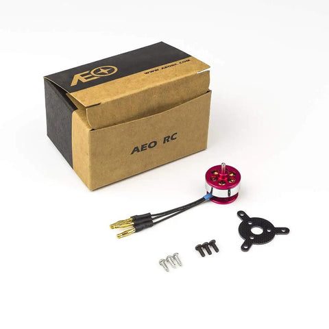 Micro Brushless Outrunner MM1404 2900KV With ESC Power Combo and accessories next to AEO RC box.
