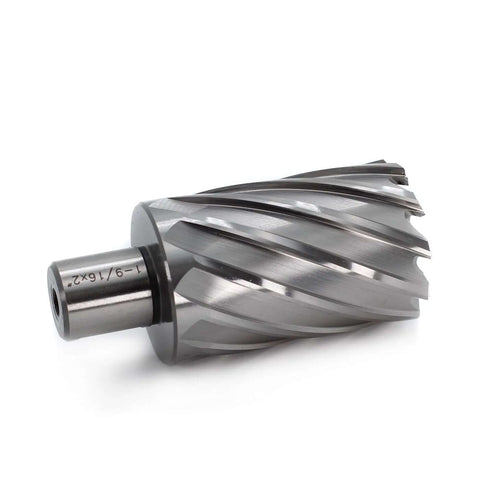 Side view of a silver annular cutter with 3/4 in Weldon shank, 1-9/16 in cutting diameter, for magnetic drill press