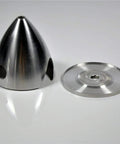 Machined CNC Aluminum Spinner For RC Airplane 3.5 Inch 89mm 3 Blade Propeller Hub Silver Finish shown with detached components