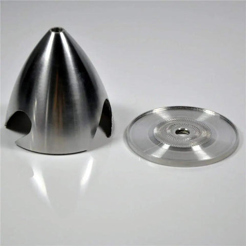 Machined CNC Aluminum Spinner For RC Airplane 3.5 Inch 89mm 3 Blade Propeller Hub Silver Finish shown with detached components