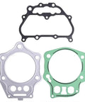 Premium Piston Ring Set And Cylinder Head Gasket Kit Compatible With TRX500FE 2A, three gaskets in black, green, and silver.