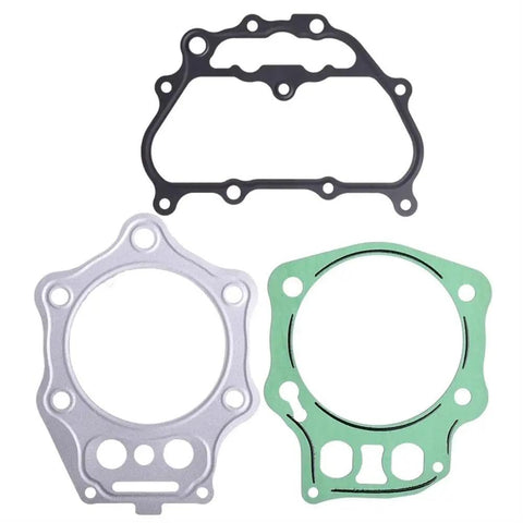 Premium Piston Ring Set And Cylinder Head Gasket Kit Compatible With TRX500FE 2A, three gaskets in black, green, and silver.