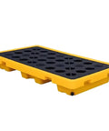 Heavy Duty Spill Containment Pallet For 1 To 4 Drums, yellow and black leak-proof tray, 130 cm by 68 cm by 15 cm