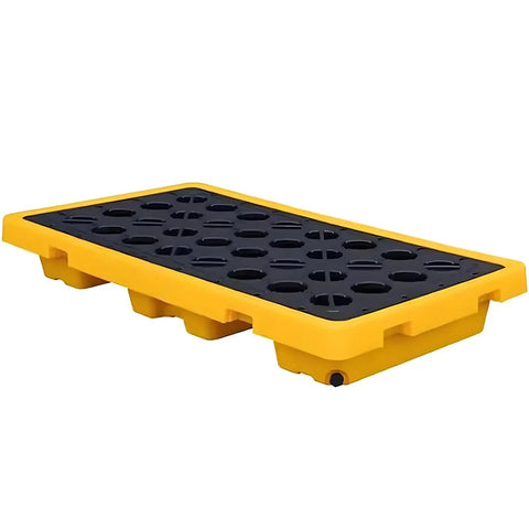 Heavy Duty Spill Containment Pallet For 1 To 4 Drums, yellow and black leak-proof tray, 130 cm by 68 cm by 15 cm