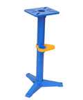 Rock Solid Heavy Duty Bench Grinder Stand With Integrated Vise And Floor Pedestal supporting up to two hundred twenty pounds, blue with orange detail.