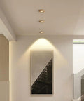 XYIANG 3.9 Inch Farmhouse Wood Grain Recessed Lighting Housing Trim Kits 7W Led Recessed Lighting in a modern ceiling interior.
