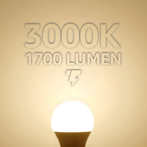 Universal Garage Door Opener LED Bulb 1700 Lumens 15W Equal 100W, A19 E26 Base, 3000K Warm White, glowing against warm background