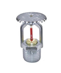 Chrome Upright Fire Sprinkler Head Horizontal Spray Kit With Reinforced Head Guard showing the automatic activation plug and half inch NPT thread.