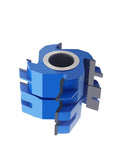 Top Shelf Four Wing Tongue And Groove Shaper Cutter With One Two Five Inch Bore and Heavy Duty Carbide Blades for door jambs, blue with cutting edges.