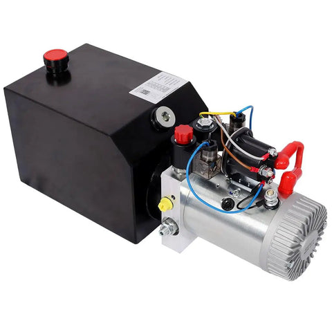 Lmaoss 6 Quart 12V Double Acting Hydraulic Power Unit Pump With Remote Control For Dump Trailer Lift Gate Log Splitter Car Lift And Hydraulics showing reservoir and motor.