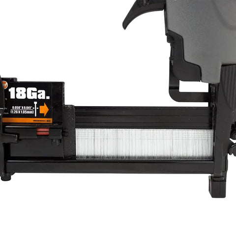 Close-up of 18 Gauge staple magazine for the Straight Shooting Pneumatic 3 In 1 Nailer And Stapler for precise crafting.