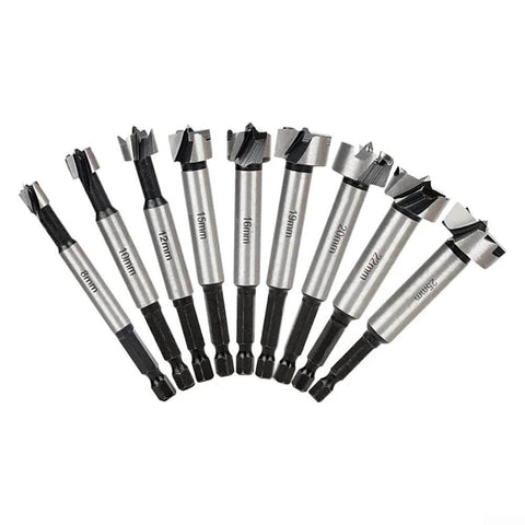 Hex shank hinge boring drill bit set, side view; assorted sizes for wood and plastics, high-carbon steel