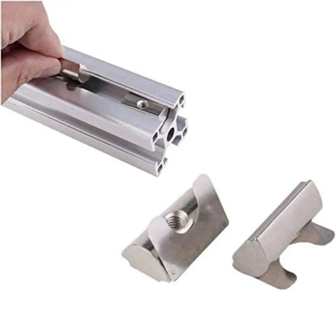 High Strength M5 Roll In Spring T Nuts With Spring Sheet For 4040 Aluminum Profile Slot, Nickel Plated Carbon Steel Heavy Duty Hardware Fasteners shown in use with aluminum extrusion.