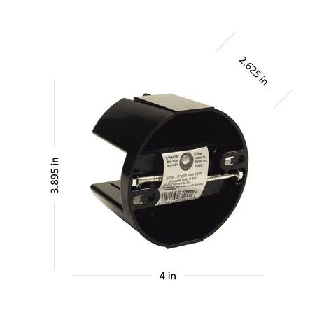 4 Inch Round Saddle Box For Ceiling Fans And Fixtures Black With Self Gripping Wire Entry Clamps And Mounting Hardware Included front view