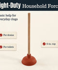 Six Inch Red Rubber Plunger With Sturdy Wood Handle Built For Light Duty Bathroom Drain And Toilet Jobs That Knock Out Stubborn Clogs Without Any Drama.