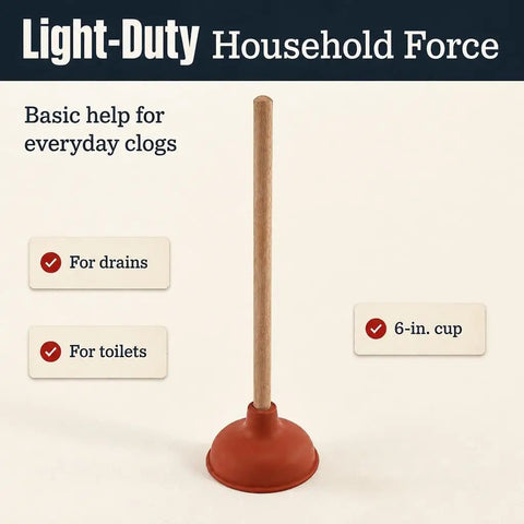 Six Inch Red Rubber Plunger With Sturdy Wood Handle Built For Light Duty Bathroom Drain And Toilet Jobs That Knock Out Stubborn Clogs Without Any Drama.