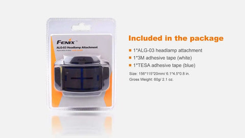 Packaging of ALG-03 Headlamp Helmet Mount with adhesive tapes, includes EdisonBright Battery Case for HL55 and HL60R.