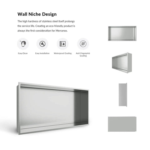Stainless Steel Shower Niche Recessed Bathroom Storage No Tiling Required 24x12 Inch Brushed Finish Waterproof And Leak Proof Adds Tons Of Space And Modern Style To Your Shower, shown in multiple angles with design features.