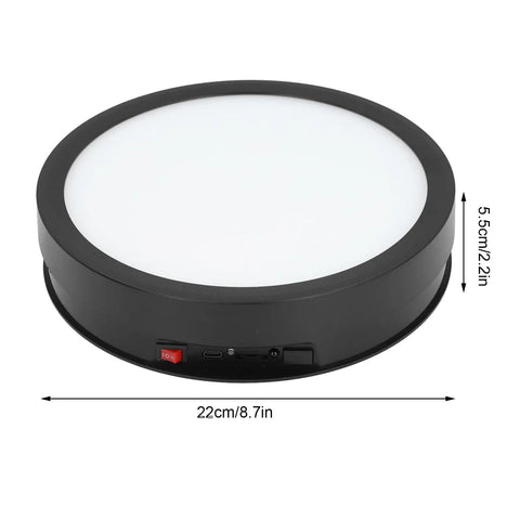 Super Smooth 360 Degree Rotating Display Stand Electric Turntable With Adjustable Speed And Remote Control, Plus Colorful Led Lights For Pro Photos And Videos That Look Totally Fire On Your Socials, black round base with white top, 22cm diameter.