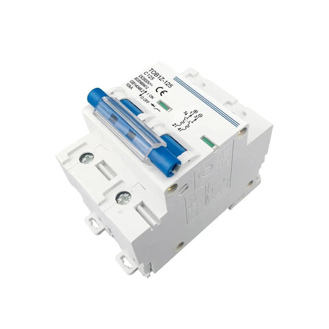 Heavy Duty 2 Pole DC Circuit Breaker For Solar PV Battery Main Switch, robust design with blue handle and weather sealed housing.