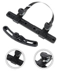 Universal Bike Pannier Mounting Bracket Kit with Eight Adjustable Hook Buckles, 266mm PA66 GF, black, with detailed views.