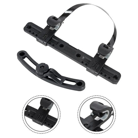 Universal Bike Pannier Mounting Bracket Kit with Eight Adjustable Hook Buckles, 266mm PA66 GF, black, with detailed views.