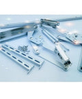 Heavy Duty Hydraulic Vertical Cabinet Door Hinge With Soft Close Flip Up Mechanism parts and hardware shown on a white background.