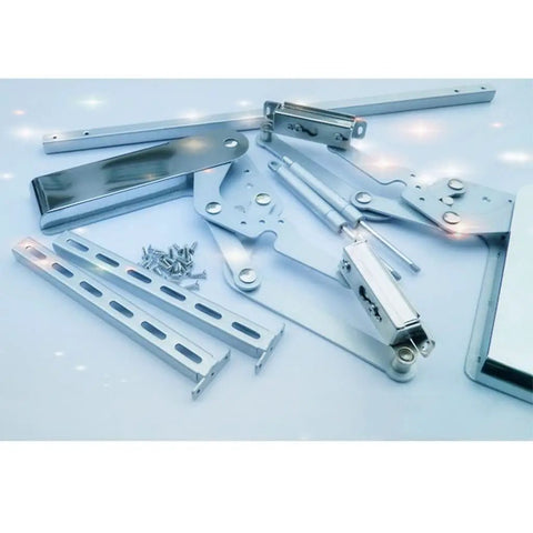 Heavy Duty Hydraulic Vertical Cabinet Door Hinge With Soft Close Flip Up Mechanism parts and hardware shown on a white background.