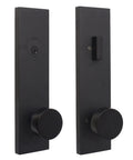 Matte black entry handle set with Mesa knob for residential security, featuring a sleek design and durable finish.