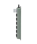Side view of Heavy Duty 6 Outlet Metal Power Strip With 15ft Cord Mountable Wall Or Under Desk On Off Switch Cover Rugged Industrial Gear