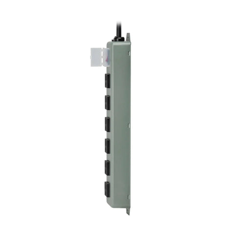 Side view of Heavy Duty 6 Outlet Metal Power Strip With 15ft Cord Mountable Wall Or Under Desk On Off Switch Cover Rugged Industrial Gear