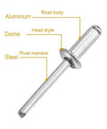 Aluminum Blind Rivets Silver Pop Rivet Kit 50 Pieces M5x13mm For DIY Projects, showing rivet with labeled parts.