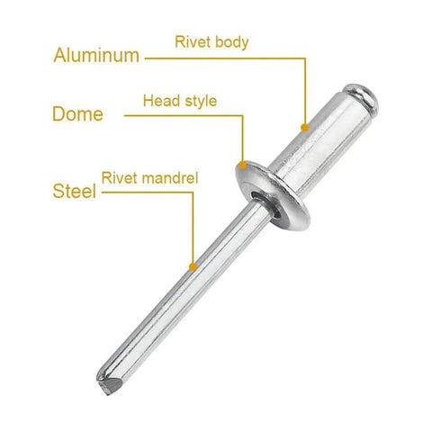 Aluminum Blind Rivets Silver Pop Rivet Kit 50 Pieces M5x13mm For DIY Projects, showing rivet with labeled parts.