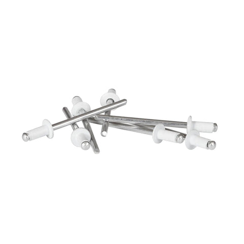 Short Aluminum Pop Rivets 1/8 Inch Diameter 100 Pack for sheet metal use, showcasing several rivets with white heads.