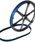 Two Fifteen Sixteenths Wide Urethane Band Saw Tires for Fourteen Inch Saws Replacement Set on wheel, showing blue tire detail