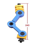 No Sweat Hella Fast Adjustable CNC Mill Machine Workpiece Stop Positioner And Multi Function Locator Tool For Quick Job Setup With M16 Thread And Extended Reach Design, blue and gold arm with measurement.