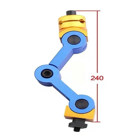 No Sweat Hella Fast Adjustable CNC Mill Machine Workpiece Stop Positioner And Multi Function Locator Tool For Quick Job Setup With M16 Thread And Extended Reach Design, blue and gold arm with measurement.