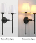 Classic Rustic Double Wall Sconce Lighting Fixture With Flared White Textile Shade And Black Long Arm For Bedroom Bathroom And Hallway, Dope 2 Light Wall Light, E26 LED Compatible, Dimmable shown turned on and off