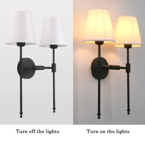 Classic Rustic Double Wall Sconce Lighting Fixture With Flared White Textile Shade And Black Long Arm For Bedroom Bathroom And Hallway, Dope 2 Light Wall Light, E26 LED Compatible, Dimmable shown turned on and off