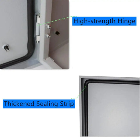 Beefy Cold Rolled Steel Electrical Enclosure Box 16 by 16 by 8 inches high-strength hinge and thickened sealing strip detail