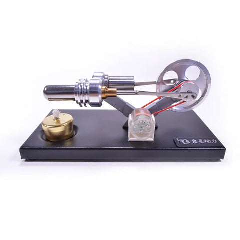 All Metal Cylinder Stirling Engine Generator DIY Kit With Four LED Lights And Metal Base Real Dope Hands On Science Project For Adults And Teens Great Desk Decor And STEM Teaching Tool For Home Or Classroom. metal base side view