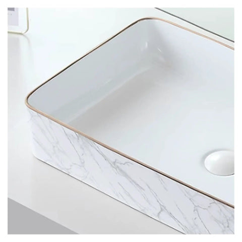 USZWBY Vessel Sinks Nordic Light Luxury Modern Above-Ground Basin Household Wash Single Bathroom Balcony Ceramic Bathroom Bowl Sink close-up with marble pattern and gold trim.