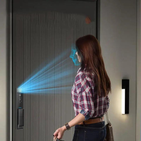 Slick New Smart Entrance Lock With Rapid Fingerprint Access And Solid Password Shield Featuring Wide Angle 3D Face Tracking Remote Video Intercom And Bright Indoor Panel For Tight Home Security Setup with face recognition.