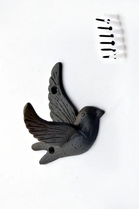 Straight Up Solid Cast Iron Flying Bird Wall Hooks Set Of 5 Rustic Farmhouse Coat Pegs For Entryway Bathroom Bedroom To Snag Keys Towels Hats And Bags With Screws showing one bird hook and screws on white background.
