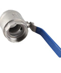 Badass 304 Stainless Steel Ball Valve Two Piece Full Port 2 Inch Female Thread Heavy Duty Flow Control, blue handle detail.