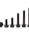 Assorted Flanged M8 Hex Bolts in black oxide finish, showcasing 1.25 x 80mm, partial thread, 10.9 grade alloy steel variety